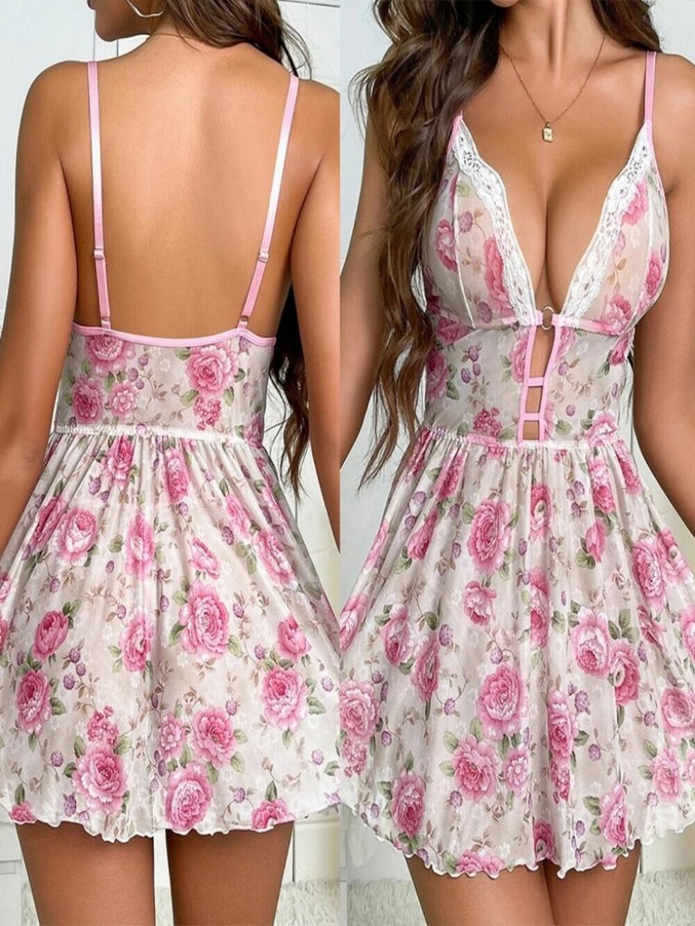 Women Sexy Lingerie Chemise Floral Babydoll Nightwear Sheer Sleepwear Dress
